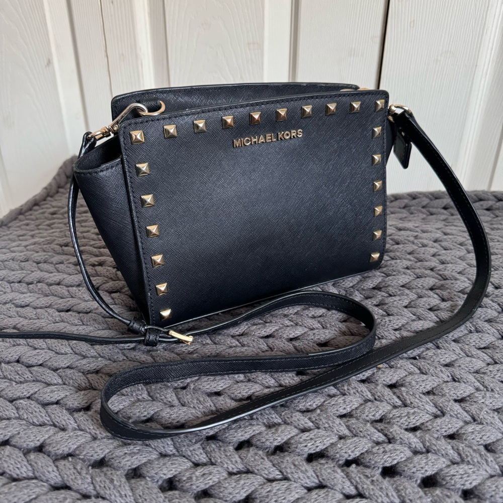 MICHAEL KORS, black studded crossbody bag